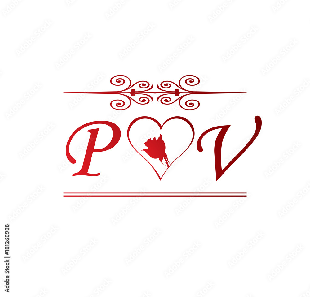 Pv Love Initial With Red Heart And Rose Stock Vector Adobe Stock