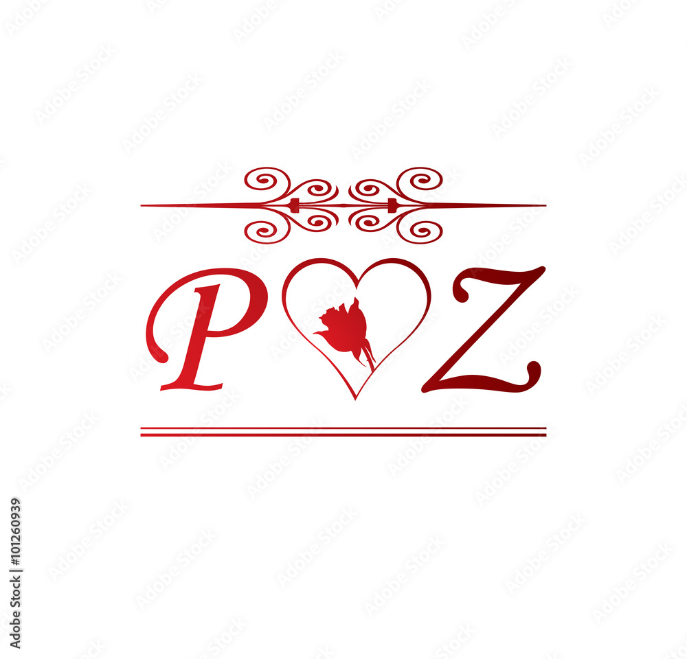 PZ love initial with red heart and rose