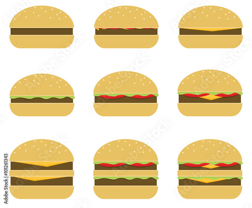 Set of different burgers and cheeseburgers