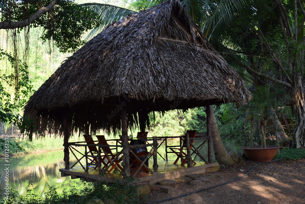 shelter made by dead leave and stem tree near the lake for camping in Vietnam shelter made by dead leave and stem tree near the lake for camping in Vietnam
