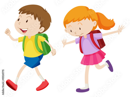 Boy and girl running to school