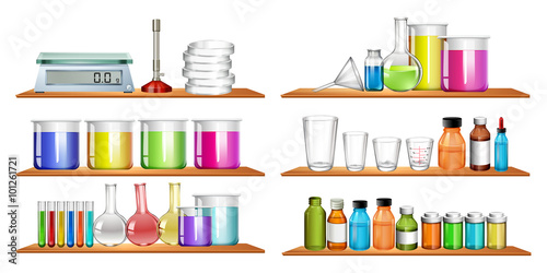Science equipments on the shelf