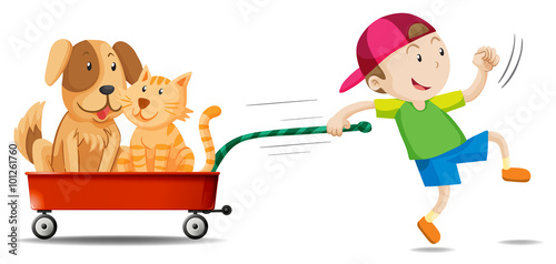 Boy pulling wagon with dog and cat on it