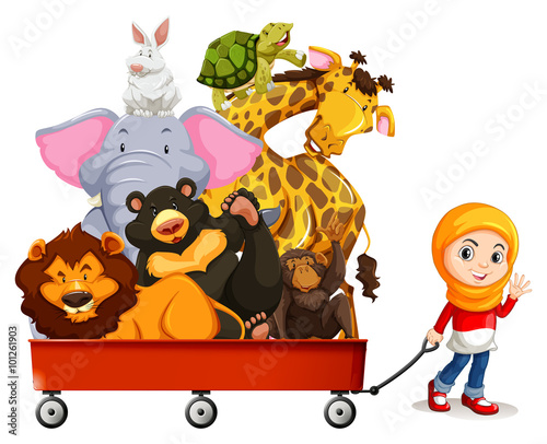 Wild animals on red wagon