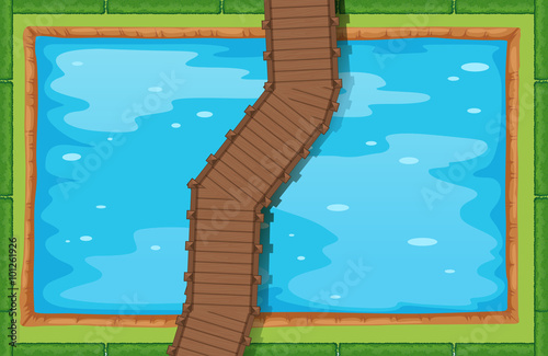Top view of pond with bridge