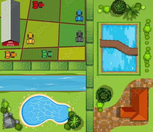 Top view of farmland and private house
