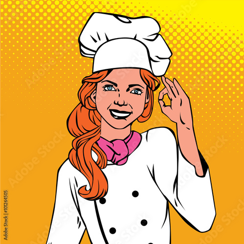 Chief woman showing okay success pop art comics retro style with Halftone.