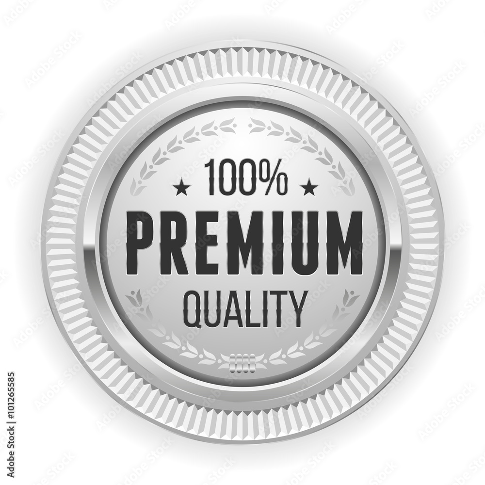 Silver round premium quality badge on white background