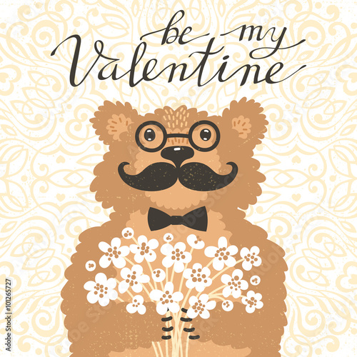 Be my Valentine Hipster bear with a bouquet of flowers. Vintage card in cartoon style.