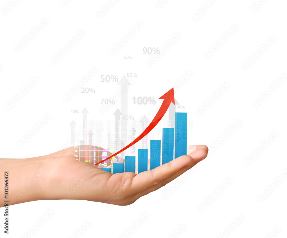 nvestment concept with financial chart symbols coming from hand nvestment concept with financial chart symbols coming from hand