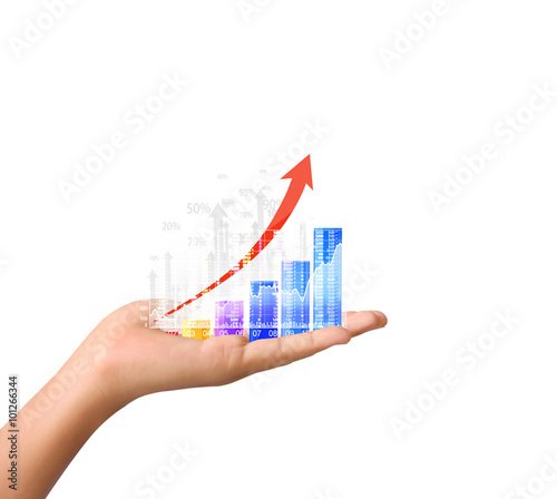 nvestment concept with financial chart symbols coming from hand