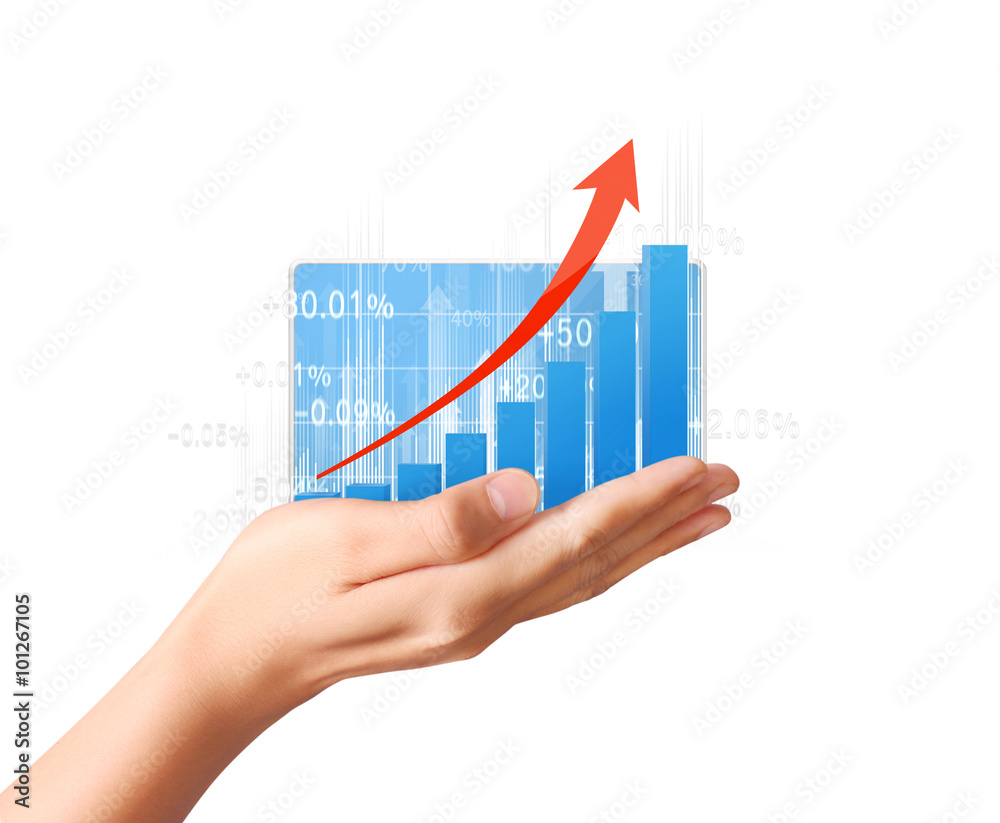 nvestment concept with financial chart symbols coming from hand nvestment concept with financial chart symbols coming from hand