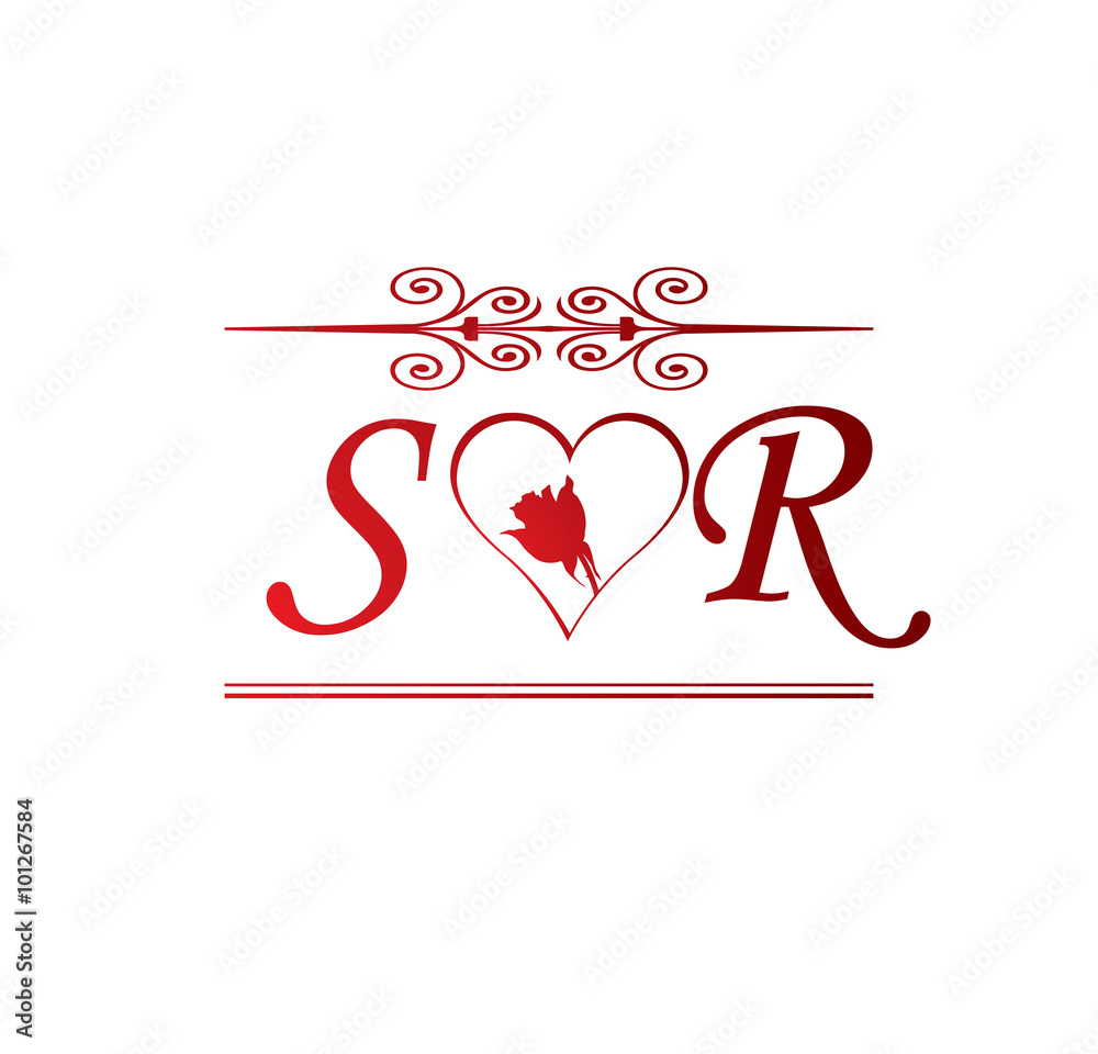 SR love initial with red heart and rose Stock Vector | Adobe Stock