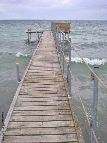 Wooden bathing jetty on a cloudy day at the eastcoast of Sealand   Sj  lland   Denmark