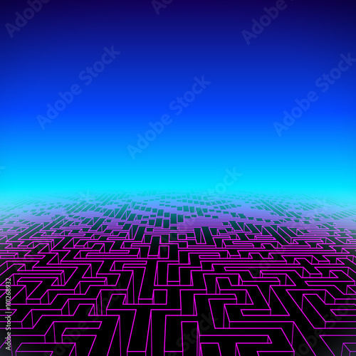 Retro gaming hipster neon landscape with labyrinth