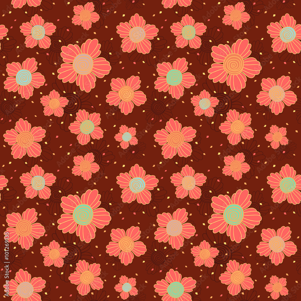 Doodle flowers. Spiral middle. Seamless pattern.