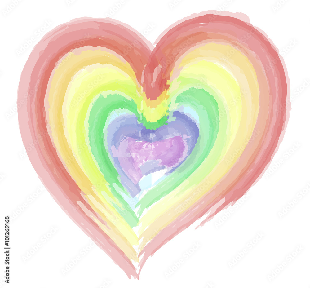 Watercolored heart painted in the seven rainbow colors red, orange, yellow, green, light blue, dark blue and purple.  Over a white background. Made in Adobe illustrator.