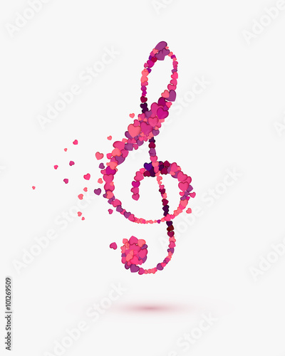 treble clef of hearts. Romantic music symbol
