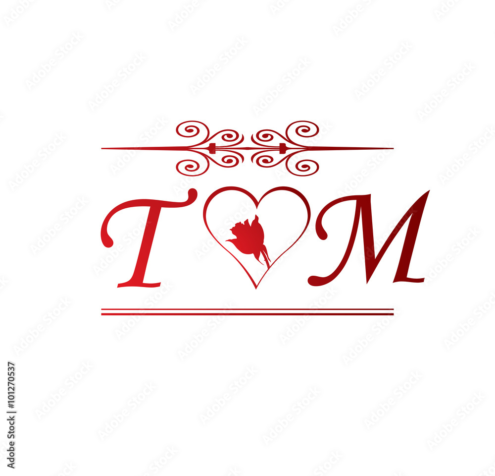 TM love initial with red heart and rose Stock Vector | Adobe Stock