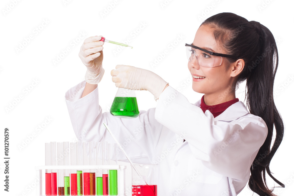 female medical or scientific researcher holding at a liquid solution in a lab. female medical or scientific researcher holding at a liquid solution in a lab.