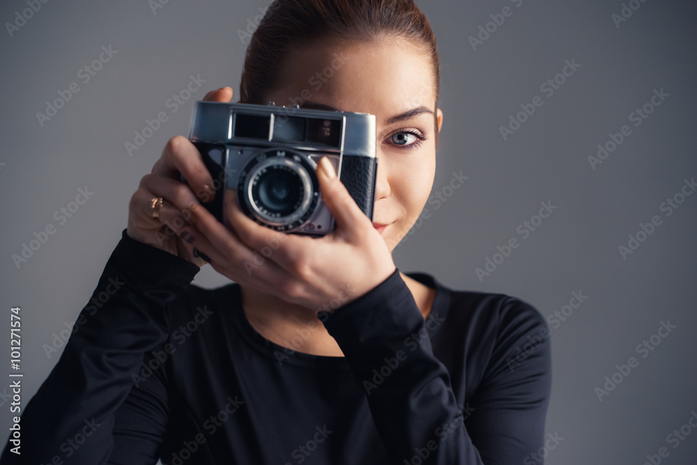 girl with old fashion camera girl with old fashion camera