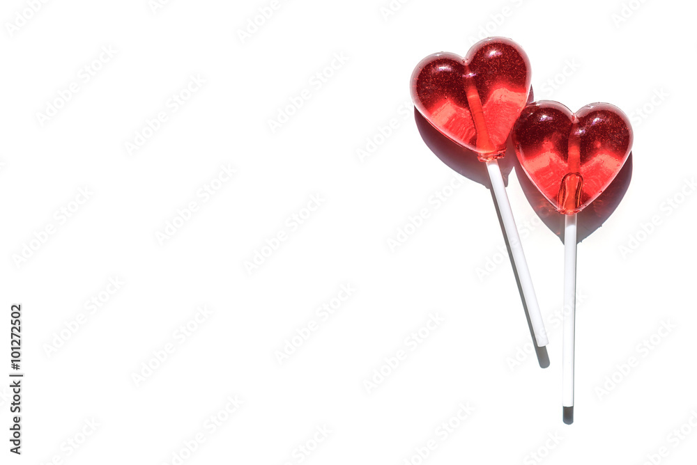 Lollipops. Red hearts. Candy. Love concept. Valentine day. isolated on white background.
