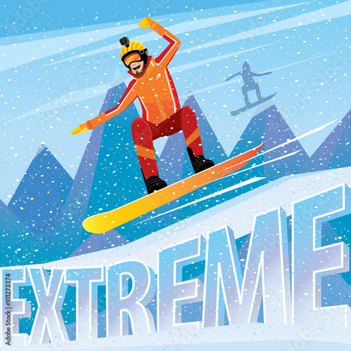 Man jumping from the mountain on a snowboard