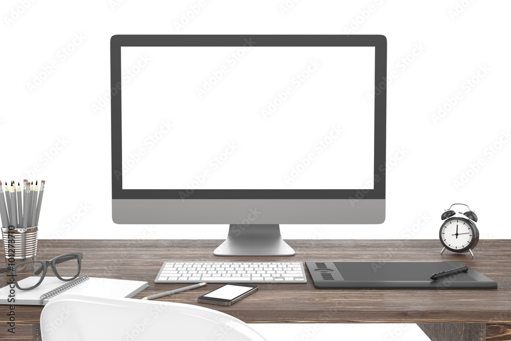3D illustration PC screen on table in office, Workspace