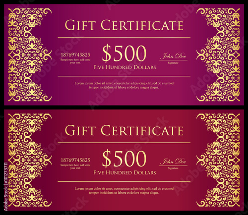 Vintage red and purple gift certificate with golden lace decoration