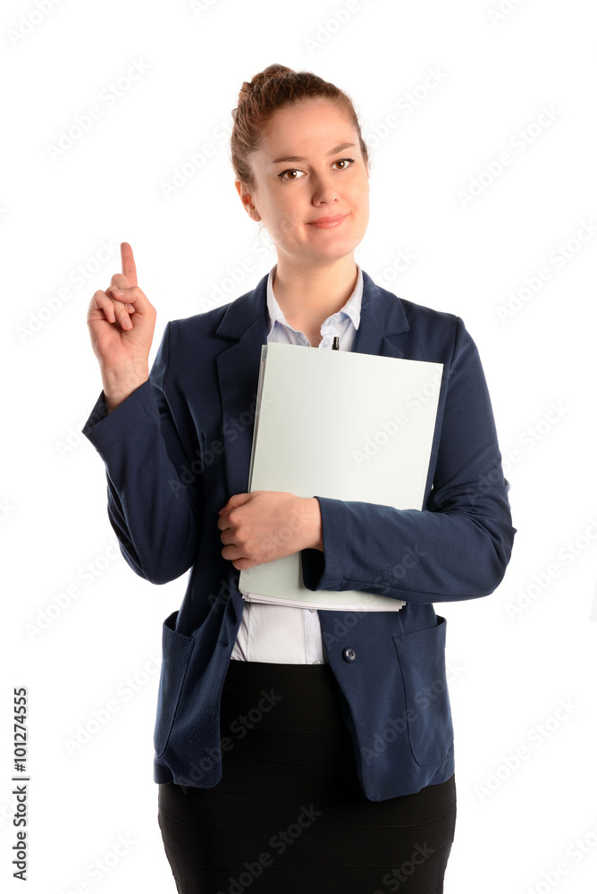 Businesswoman with folder and finger up, isolated on white background Businesswoman with folder and finger up, isolated on white background