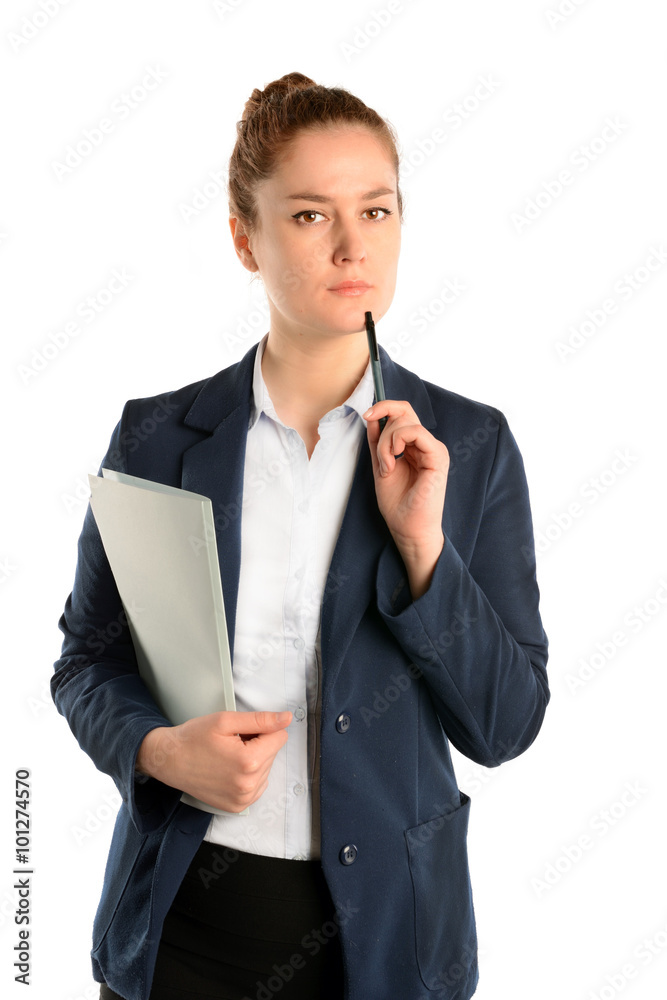 Portrait of a young female thinking while taking notes. isolated on white background Portrait of a young female thinking while taking notes. isolated on white background
