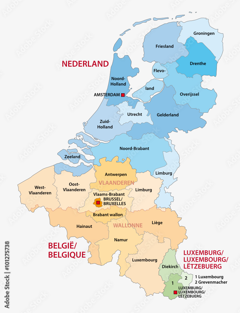 Fototapeta premium mapa administracyjna trzech krajów Beneluksu: Holandii, Belgii, Luksemburga