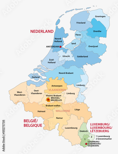 administrative map of the three Benelux countries Netherlands  Belgium  Luxembourg
