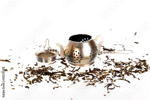 tea strainer on white background ,selective focus