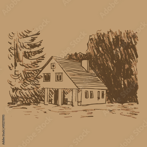View of the country house in the woods. Vector freehand pencil sketch.
