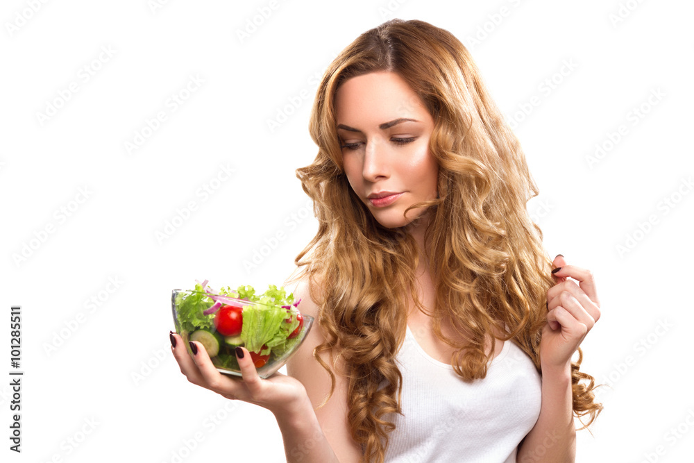 Smiling Beautiful Woman Looks At A Salad Smiling Beautiful Woman Looks At A Salad