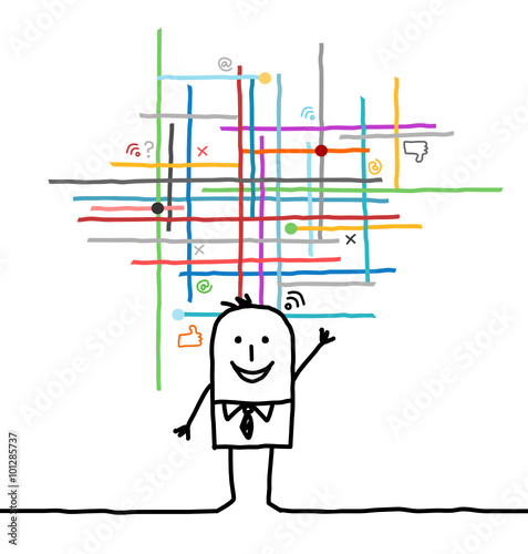 cartoon man connected to social and media networks