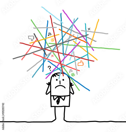 cartoon man lost in an overloaded networks