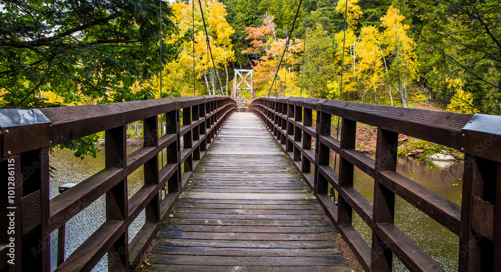 Obraz premium Autumn Hike In Michigan On The North Country Trail. Bridge over the Black River in the Ottawa National Forest on the North Country Trail in Michigan.