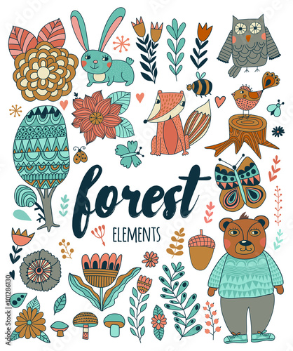 Vector forest elements in doodle childish style