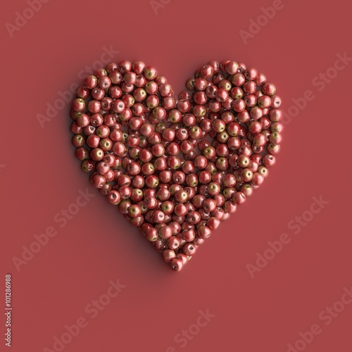 Red apple making a heart shape. Original 3d illustration, isolated on red.