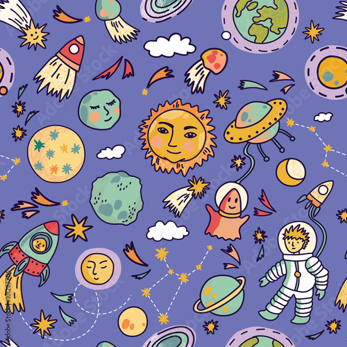 Vector seamless space pattern with planets, rockets, astronaut and stars. Childish background. Hand drawn vector illustration. © Maria Galybina
