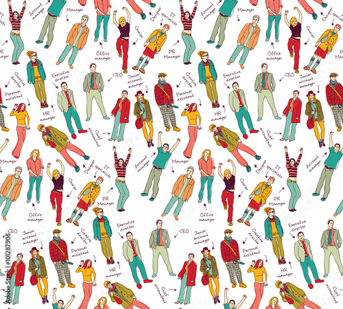Business company team people with post color seamless pattern. 