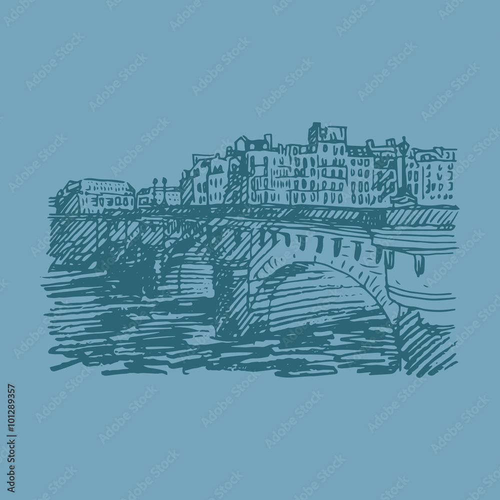 Fototapeta premium Pont Neuf (New Bridge), Paris, France. Vector quick sketch