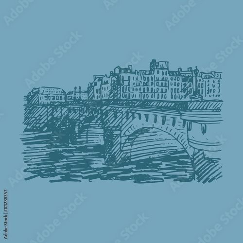 Pont Neuf (New Bridge), Paris, France. Vector quick sketch