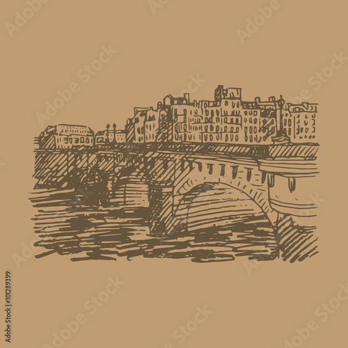 Pont Neuf (New Bridge), Paris, France. Vector quick sketch