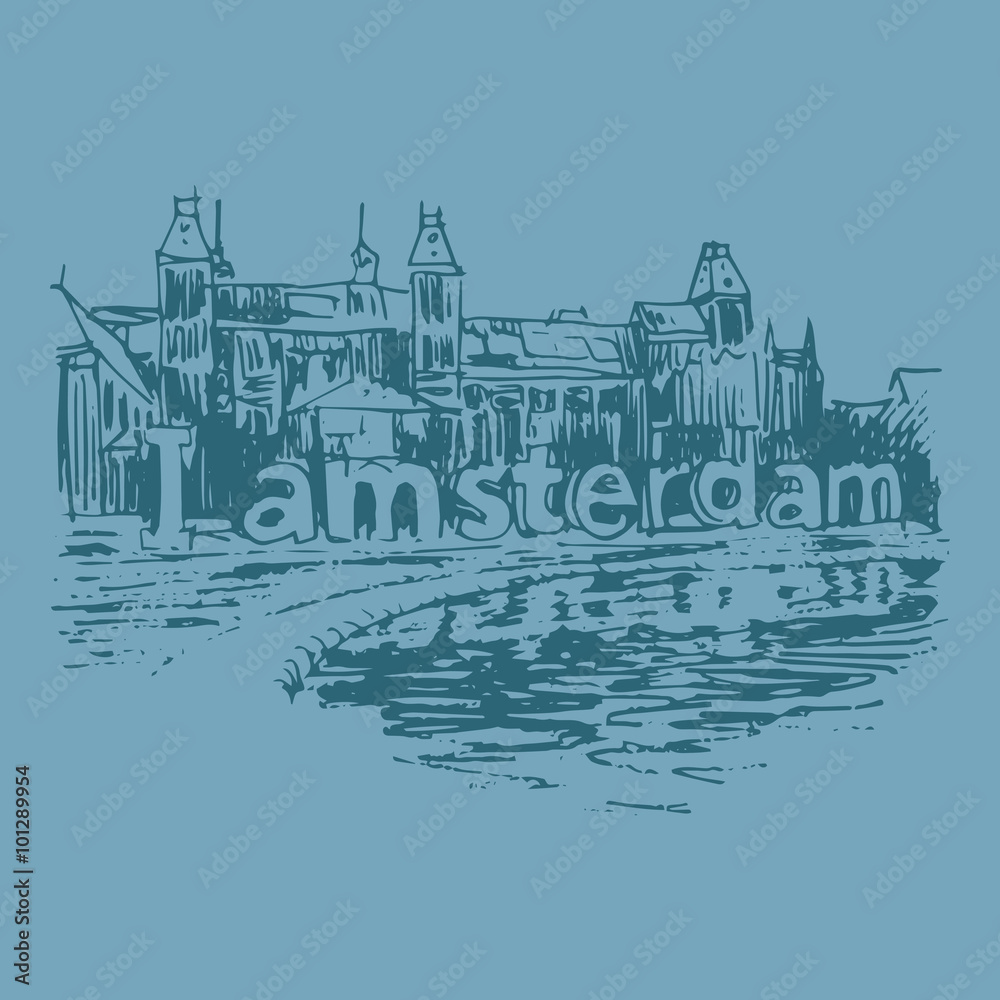 Amsterdam (Holland, Netherlands, Europe). Historical building line art. Hand drawn sketch