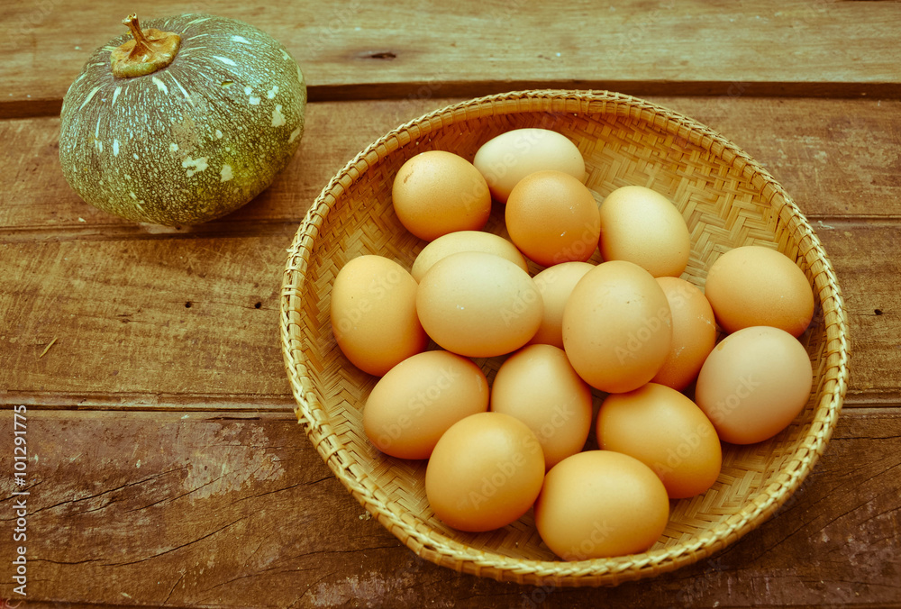 Organic eggs and wooden floor Organic eggs and wooden floor