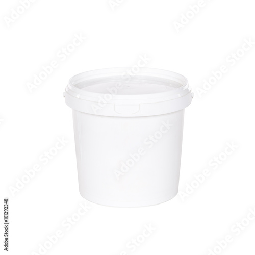 White plastic bucket with lid on white background