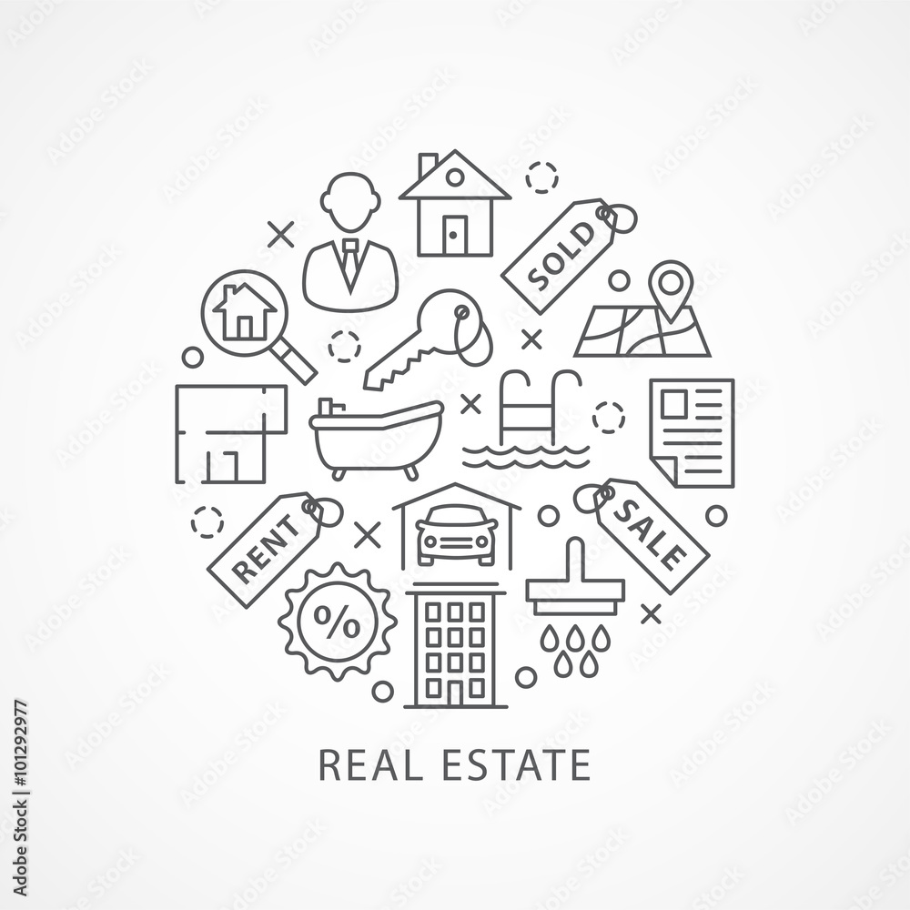 Real Estate illustration with icons in linear style